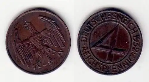 4 Pfennig Kupfer Münze Weimarer Republik 1932 F "Brüning Taler" (106270)