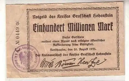 Banknote 100 Millionen Mark Kreis Grafschaft Hohenstein Nordhausen 20.08.1923