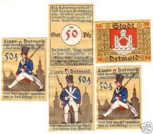 5 Banknoten Notgeld der Stadt Detmold 1920