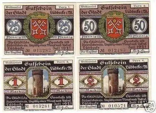 4 Banknoten Notgeld Stadt Lübbecke 1921