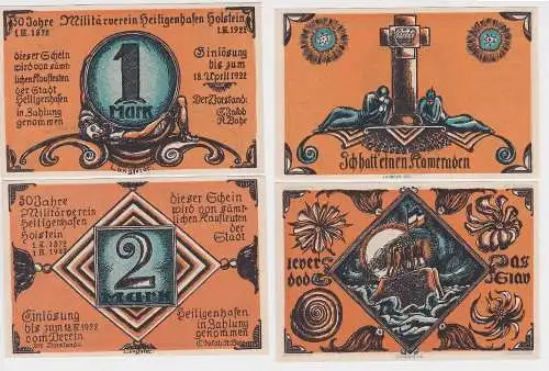 1 und 2 Mark Banknoten Notgeld 50 J. Militärverein Heiligenhafen 1922 (146258)