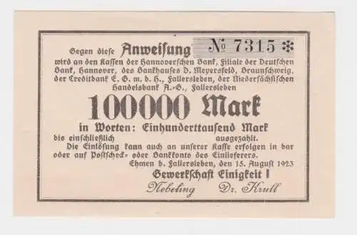 100000 Mark Banknote Ehmen bei Fallersleben Gewerkschaft Einigkeit 1923 (163988)