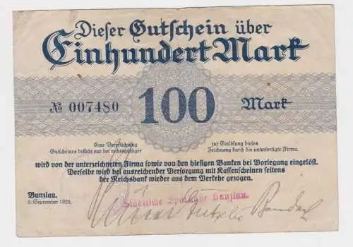 100 Mark Banknote Städt.Sparkasse Bunzlau in Schlesien 6.9.1922 (164160)