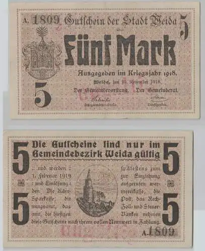 5 Mark Banknote Notgeld Stadt Weida  25.November 1918 (152488)