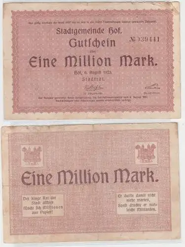 1 Million Mark Banknote Inflation Stadtgemeinde Hof 6.August 1923 (114239)