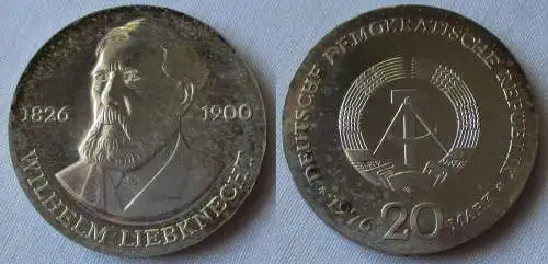 DDR Gedenk Münze 20 Mark Wilhelm Liebknecht 1976 Silber Stgl. (143106)