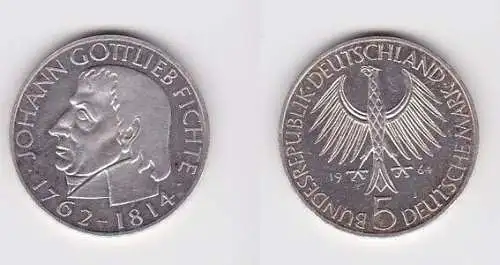 5 Mark Silber Münze Deutschland Johann Gottlieb Fichte 1964 J vz+ (156758)