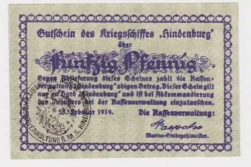 Kriegsmarine 50 Pfennig Gutschein Kriegsschiff Hindenburg 1919 (132531)