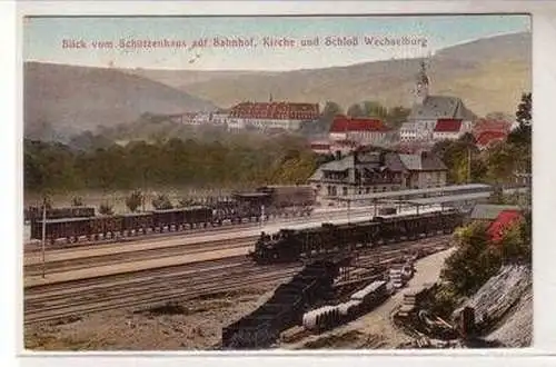 52349 Ak Blick vom Schützenhaus auf Bahnhof, Kirche und Schloß Wechselburg 1910