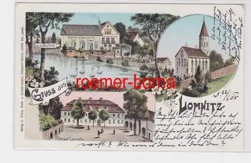 83754 Ak Lithographie Gruss aus Lomnitz Gasthof, Kirche, Rittergut 1905