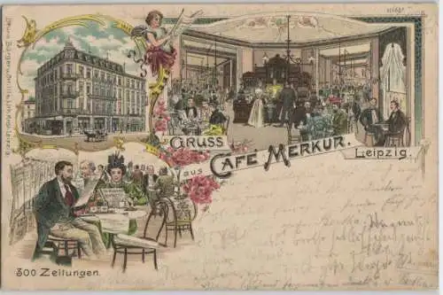 92398 Ak Lithographie Gruss aus Leipzig Café Merkur 1899