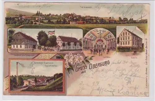 84162 Ak Lithographie Gruss aus Obergurig Gasthof, Schule, Papierfabriken 1906