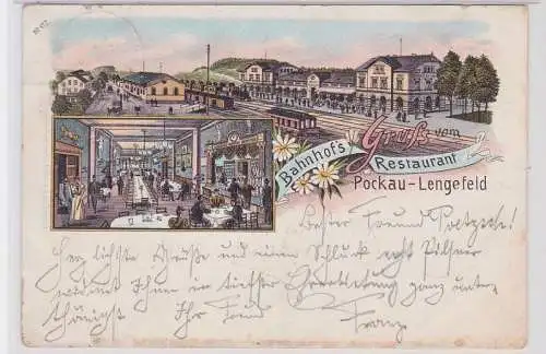 90702 Ak Lithographie Gruß aus Pockau Lengenfeld Bahnhofsrestaurant 1898