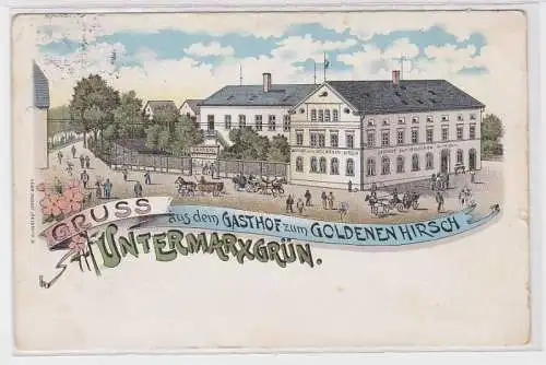 88707 Ak Lithographie Gruß aus dem Gasthof zum goldenen Hirsch Untermarxgrün