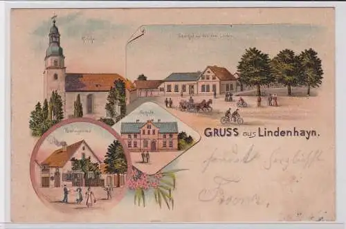 84160 Ak Lithographie Gruss aus Lindenhayn Gasthof, Schule, Kirche, Post 1901