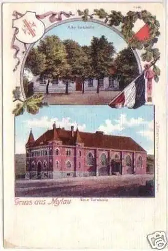 23827 Litho Gruss aus Mylau alte u. neue Turnhalle 1904