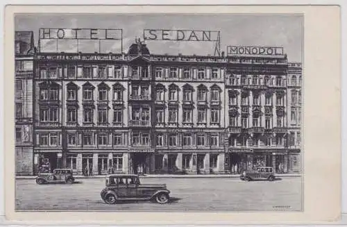 87171 AK Leipzig - Hotel Sedan und Monopol davor Automobile (Lindegreen) um 1920