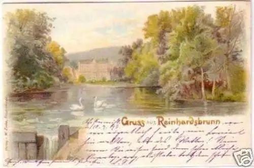 20782 Lithografie Gruss aus Reinhardsbrunn Teich 1898