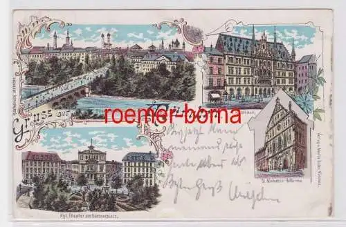 47809 Ak Lithografie Gruss aus München Theater, Hofkirche, Rathhaus usw. 1897