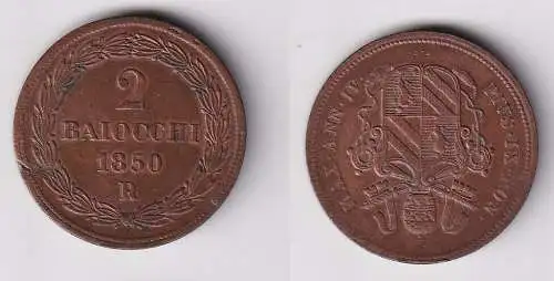 2 Baiochi Kupfer Münze Vatikan Pabst Pius IX 1850 R f.vz (113137)