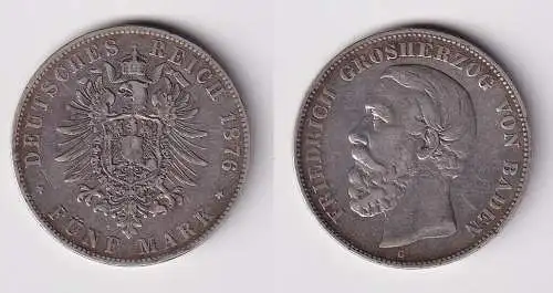 5 Mark Silbermünze Baden Grossherzog Friedrich 1876 Jäger 27 ss (129653)