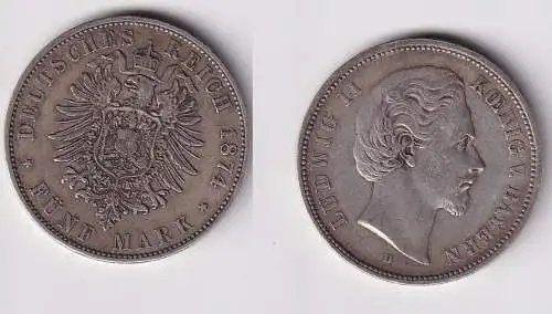 5 Mark Silbermünze Bayern König Ludwig II 1874 D Jäger 42 ss  (121014)