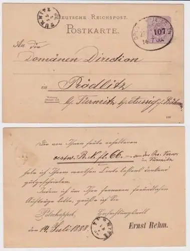 90987 Ganzsachen Postkarte P18 Zudruck Ernst Rehm Bahnpost Dresden Tetschen 1888