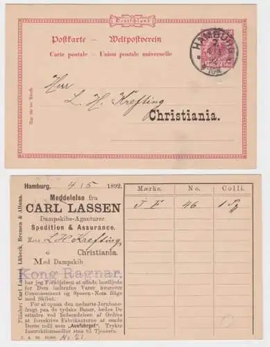 91296 DR Ganzsachen Postkarte P23 Zudruck Carl Lassen Spedition Hamburg 1892