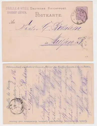 91802 DR Ganzsachen Postkarte P12 Zudruck Dralle & Krieg Bahnhof Coethen 1884