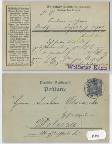 93232 DR Ganzsachen Postkarte P44 Zudruck Woldemar Kunis Buchhandlung Dohna 1900