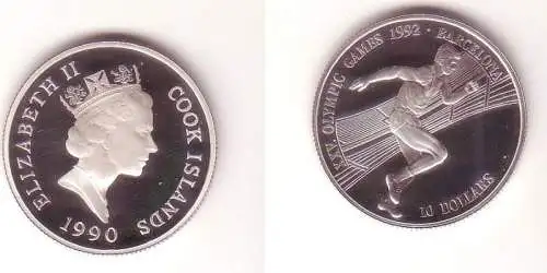 10 Dollar Silber Münze Cook Inseln 1990 Olympia Barcelona 1992, 100 Meter Läufer