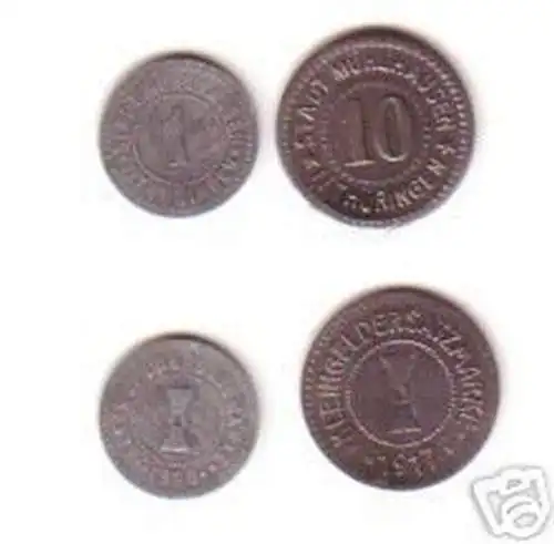 1 & 10 Pfennig Notgeld Münze Stadt Mühlhausen 1917/20