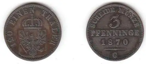 3 Pfennige Kupfer Münze Preussen 1870 C ss