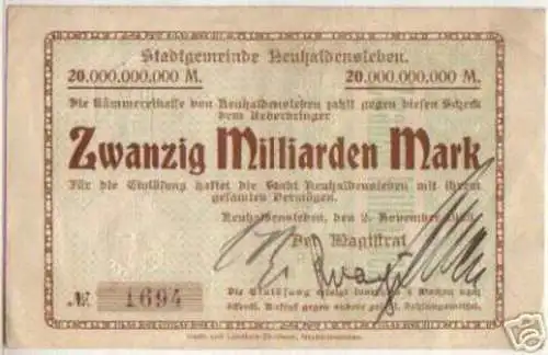 Rare Banknote Inflation Neuhaldensleben 20 Mrd. 1923