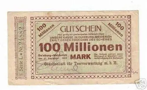 Banknote Inflation 100 Millionen Mark Duisburg Meidrich