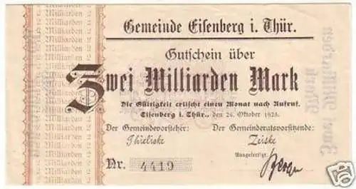 Banknote Inflation 2 Mrd. Mark Eisenberg 26.10.1923