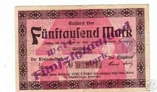 Banknote Inflation Quedlinburg Überdruck 50000 Mark1923