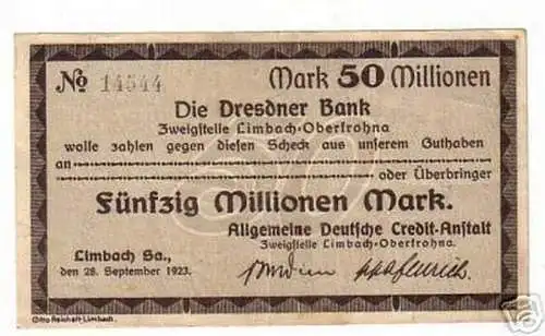 Seltene Banknote 50 Millionen Mark Limbach in Sa. 1923