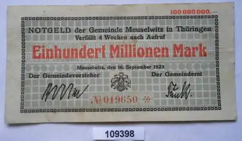 Alte Banknote Gemeinde Meuselwitz 100 Millionen Mark 1923 (109398)