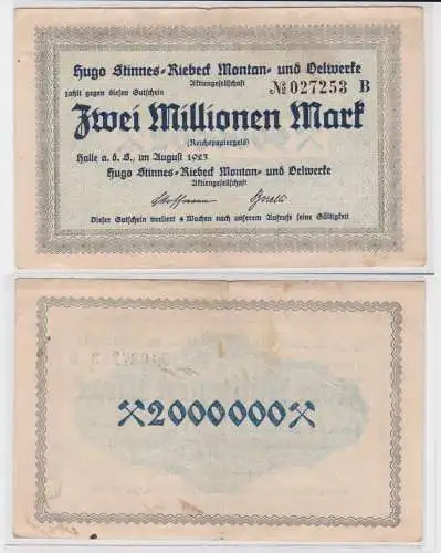 2 Millionen Mark Banknote Halle Hugo Stinnes Riebeck Montan August 1923 (137982)