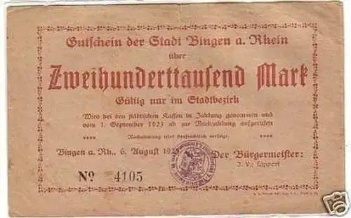 Banknote Inflation 200000 Mark Stadt Bingen a. Rh. 1923