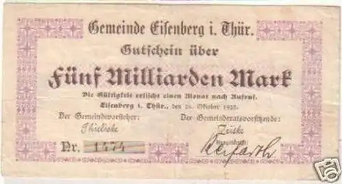 Banknote Inflation 5 Mrd. Mark Eisenberg 26.10.1923