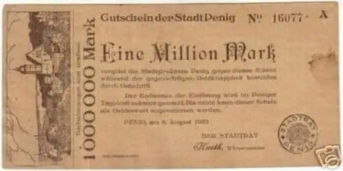 Seltene Banknote Inflation 1 Million Stadt Penig 1923