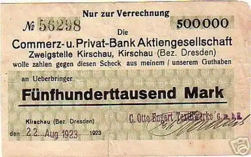 Seltene Banknote Inflation Kirschau Bez. Dresden 1923