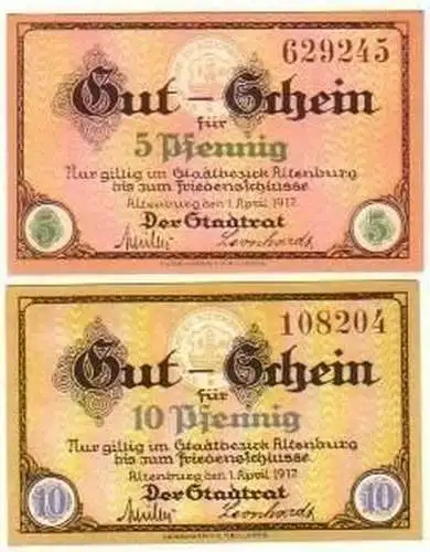 2 kassenfrische Banknoten Notgeld Stadt Altenburg 1917