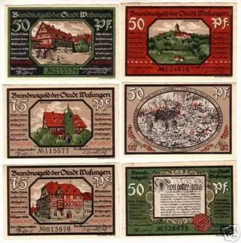 6 Banknoten Notgeld Stadt Wasungen 1921