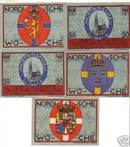 5 Banknoten Notgeld Nordische Woche Lübeck 1921