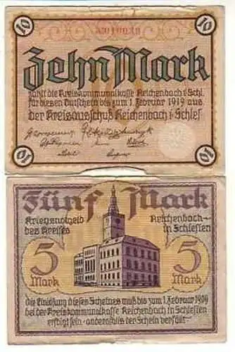 2 Banknoten Notgeld Reichenbach in Schlesien 1919