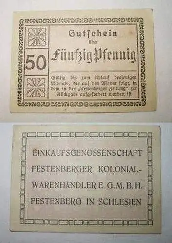 50 Pfennig Banknoten Notgeld Festenberg Schlesien