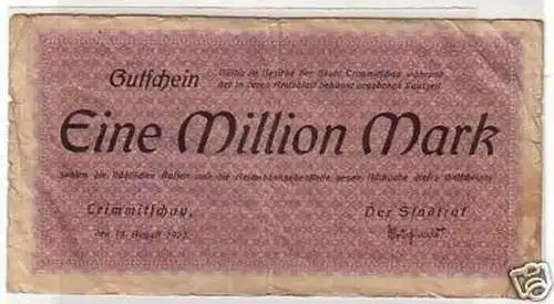 Banknote 1 Million M. Inflation Stadt Crimmitschau 1923